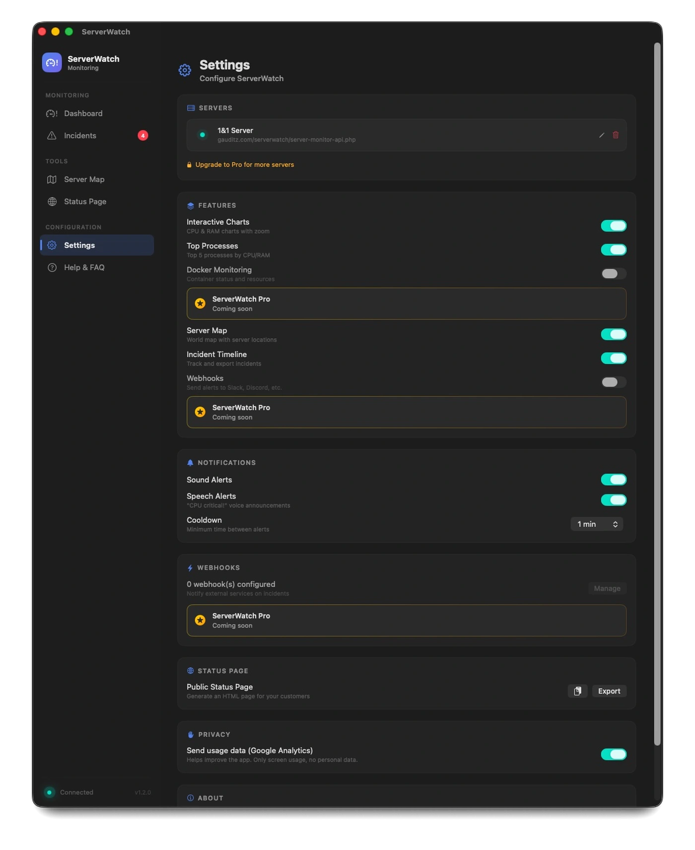 ServerWatch Einstellungen auf macOS