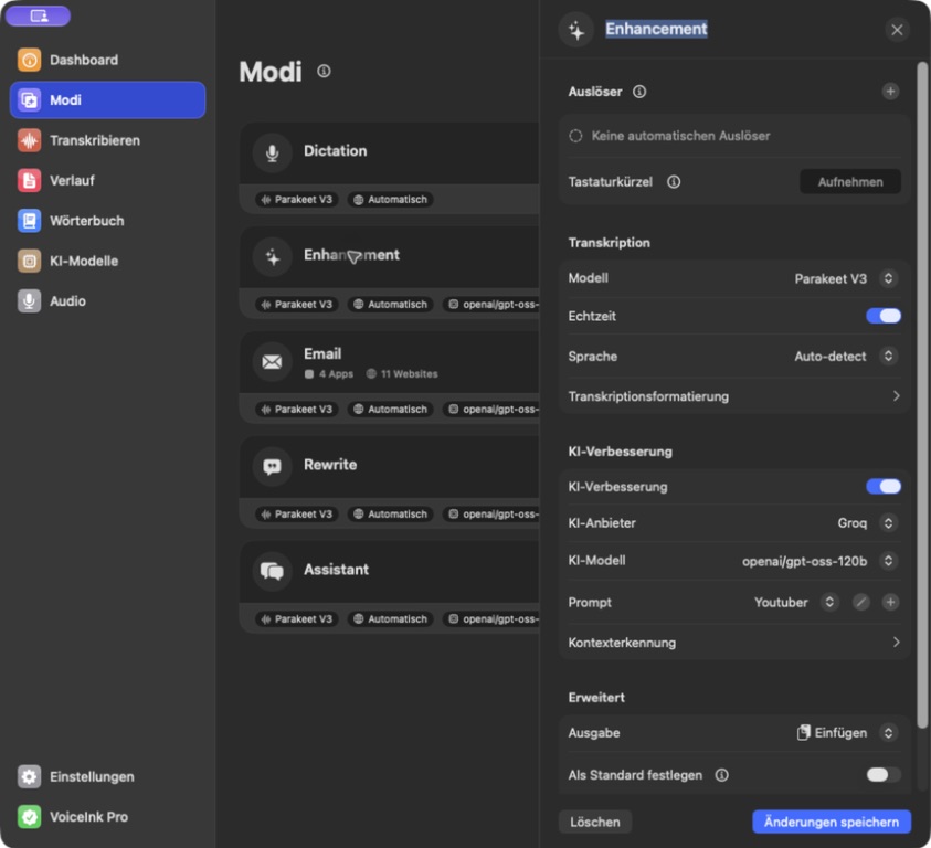 VoiceInk-Einstellungen für den Enhancement-Mode mit optionaler KI-Nachbearbeitung.