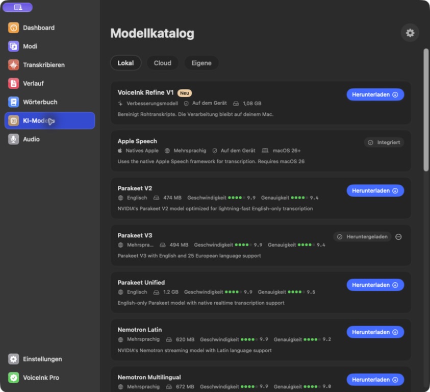 VoiceInk-Modellkatalog mit lokalem Parakeet-V3-Modell.