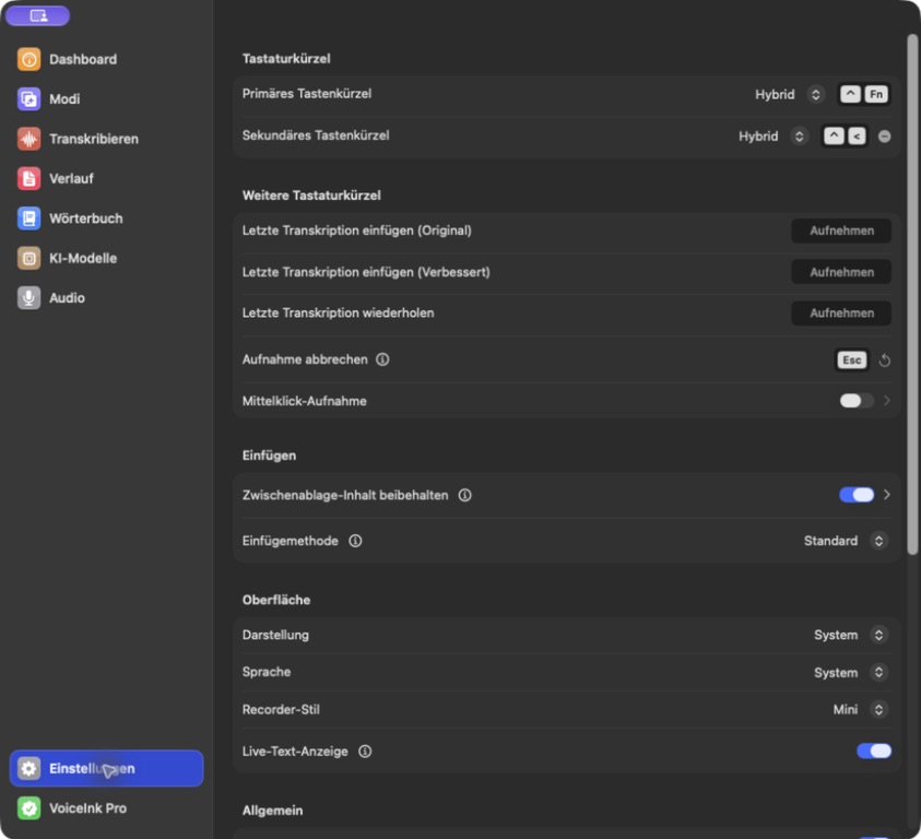 VoiceInk-Shortcut-Einstellungen mit sekundärem globalen Hybrid-Shortcut Control und Kleiner-als-Zeichen.